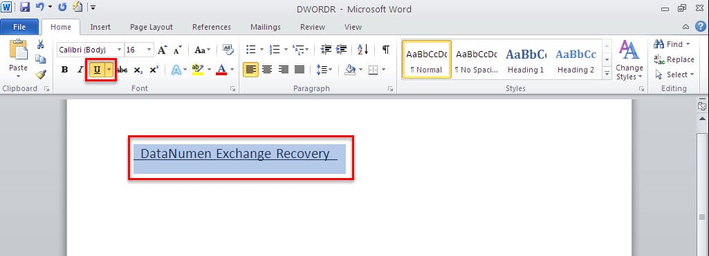 underlined of words in ms word for mac document